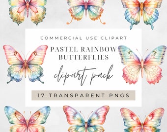Watercolor Pastel Rainbow Butterfly Clipart, Clipart for commercial use, Transparent PNGs, Rainbow Boho Watercolour Butterflies