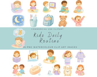 Kids Daily Routine Watercolor Clipart Set | Morning to Bedtime Routine, Children Activities, School Day, Printable Illustrations