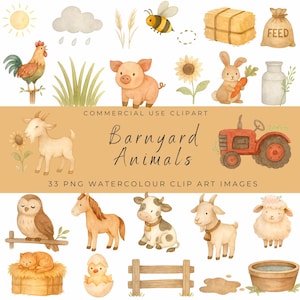 May include: Watercolor clip art set featuring various barnyard animals, including a rooster, pig, rabbit, cow, and sheep. The illustrations are in a soft, pastel color palette with a rustic theme. Text reads "Barnyard Animals".