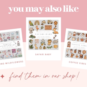 Puede incluir: Tres ilustraciones digitales de conjuntos de clipart. El primer conjunto se titula "Spring Wildflowers" y presenta una variedad de flores, plantas y otras im&aacute;genes con tem&aacute;tica primaveral. El segundo conjunto se titula "Safari Baby" y presenta una variedad de animales, incluyendo una jirafa, un le&oacute;n y una cebra. El tercer conjunto se titula "Coffee Vibes" y presenta una variedad de im&aacute;genes con tem&aacute;tica de caf&eacute;, incluyendo tazas de caf&eacute;, granos de caf&eacute; y una cafetera.