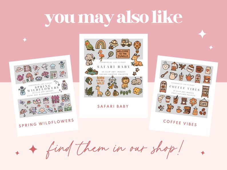 Puede incluir: Tres ilustraciones digitales de conjuntos de clipart. El primer conjunto se titula "Spring Wildflowers" y presenta una variedad de flores, plantas y otras im&aacute;genes con tem&aacute;tica primaveral. El segundo conjunto se titula "Safari Baby" y presenta una variedad de animales, incluyendo una jirafa, un le&oacute;n y una cebra. El tercer conjunto se titula "Coffee Vibes" y presenta una variedad de im&aacute;genes con tem&aacute;tica de caf&eacute;, incluyendo tazas de caf&eacute;, granos de caf&eacute; y una cafetera.