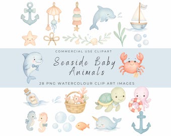 Seaside Baby Animals Watercolor Clipart – Cute Ocean Nursery Art, Pastel Sea Creatures, Beach Baby Shower PNG Set for Commercial Use