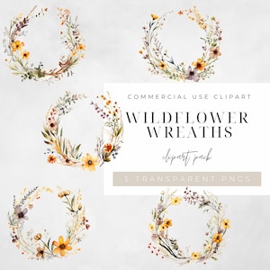 Clipart acquerello Wildflower Wreath, BUNDLE, fiori, mezze ghirlande, matrimonio minimalista, neutro, png trasparente, uso commerciale