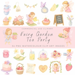 Jardin féerique des cliparts Tea Party – aquarelles de fées, tasses à thé, fleurs, téléchargement numérique pique-nique fantaisiste