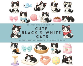 Cute Black and White Cat Clipart | Cats, Kittens, Tuxedo Clipart Bundle, Cute Kitty PNG, Cozy Cat Characters, Digital Download