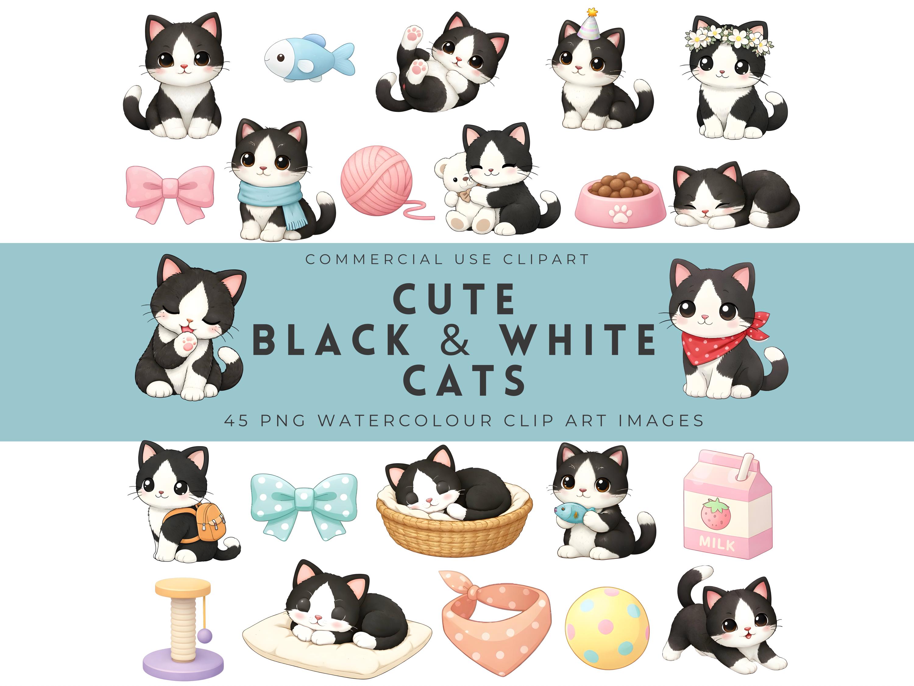 Cute Black and White Cat Clipart | Cats, Kittens, Tuxedo Clipart Bundle ...