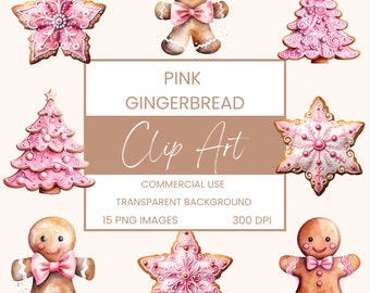 Pacchetto di clip art di pan di zenzero di Natale rosa acquerello, clipart o uso commerciale, pan di zenzero di Natale, acquerello di arte della parete PNG