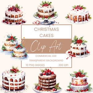 Christmas Cake Clip Art Pack Watercolour, Clipart or Commercial Use,  Christmas Baking Festive, Wall Art Watercolour PNG