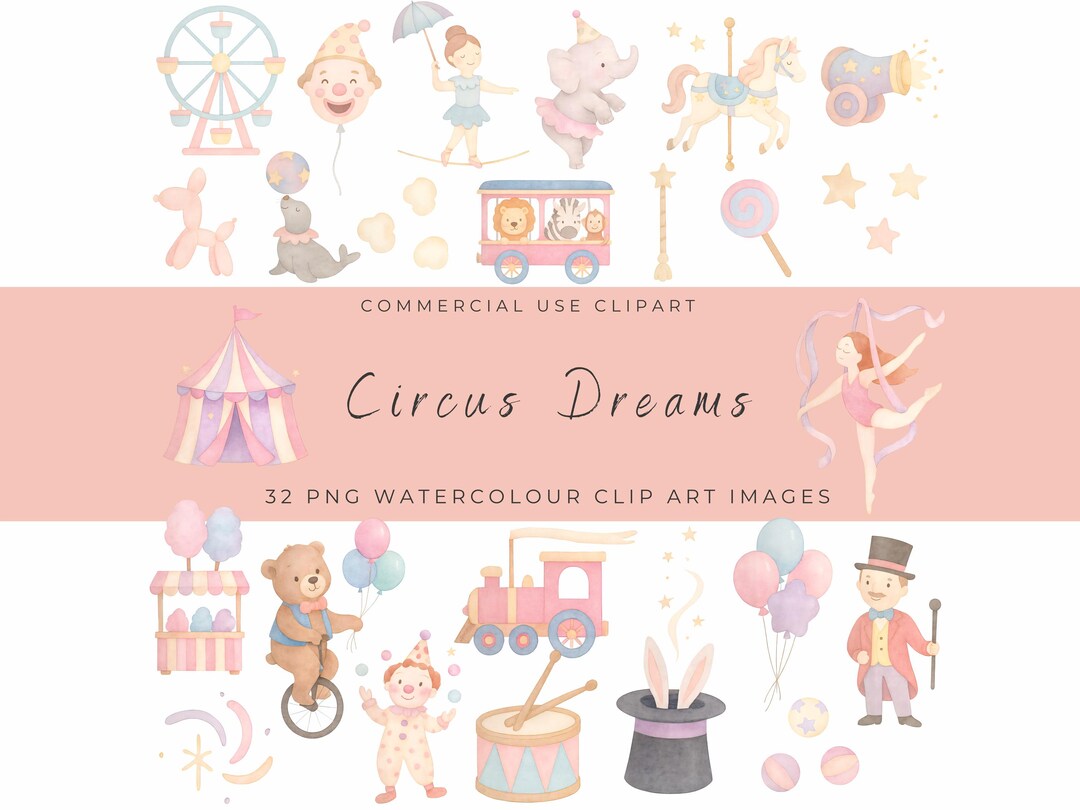 Whimsical Pastel Circus Clipart Set | Cute Watercolor Carnival Animals ...