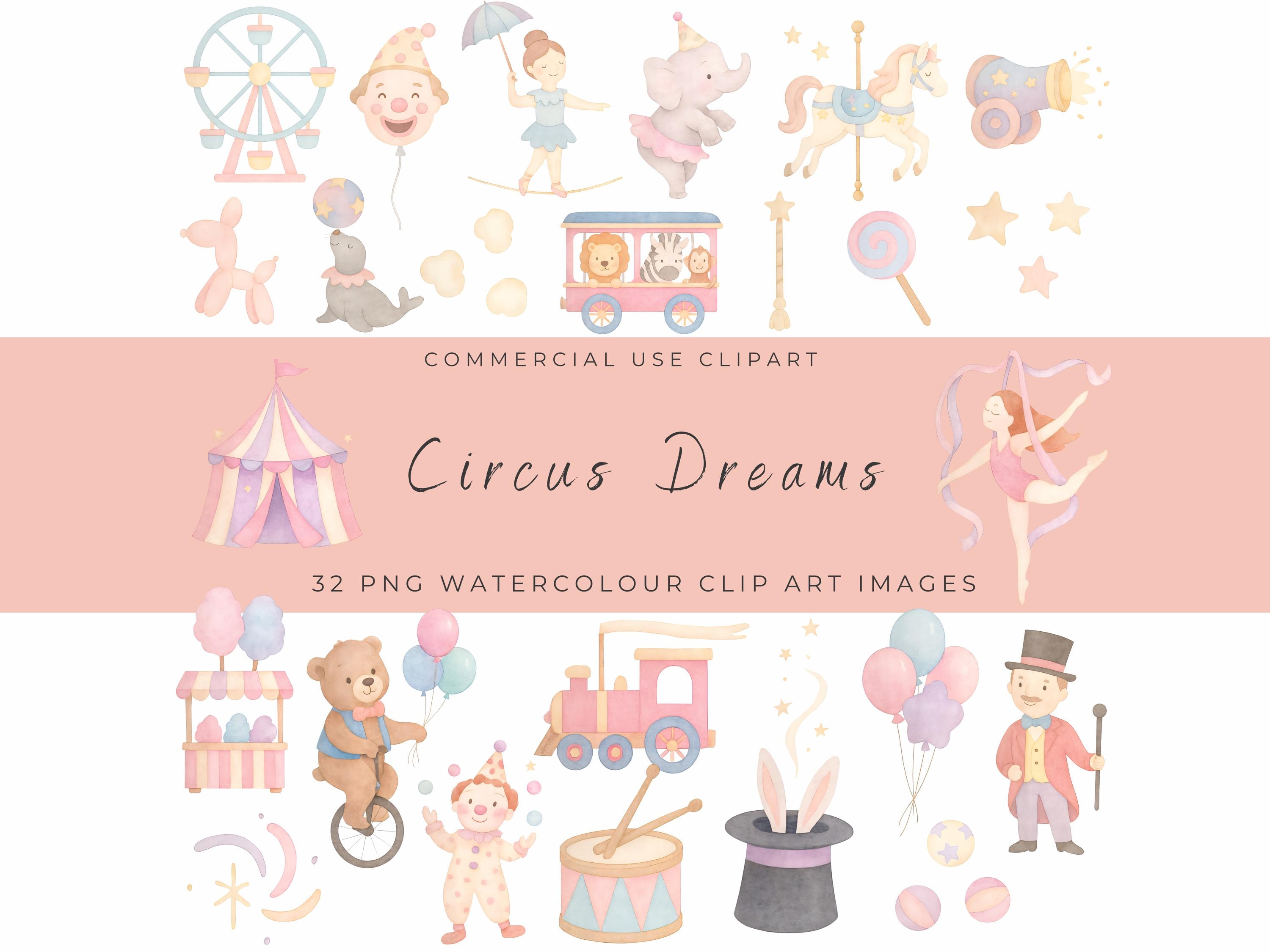 Whimsical Pastel Circus Clipart Set | Cute Watercolor Carnival Animals, Tent, Tickets, Popcorn & More | Instant Download PNGs