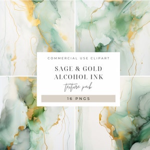 Salie en goud alcohol inkt textuur clipart, PNG, bundel, commercieel gebruik, groene en gouden inkt, marmeren achtergronden