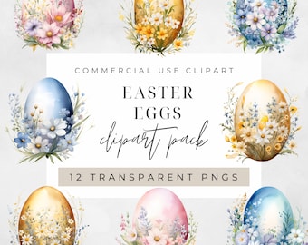 Aquarelle Pastel Easter Eggs Clipart, Clipart pour un usage commercial, PNG transparents, Blue Pink Gold Easter Eggs Floral