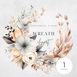 Watercolor Neutral Boho Wreath Clipart, SINGLE IMAGE, Flowers, Half Wreaths, Wedding Minimalist, Leaves, Transparent png, Commercial Use