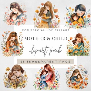 Watercolor Mother and Child Clipart, BUNDLE, Flowers, Mom, Child, Mother’s Day, transparent png, Commercial Use