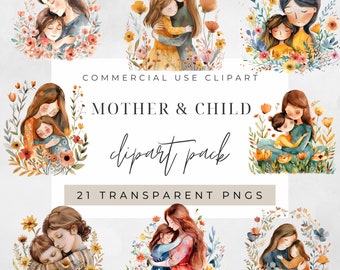 Aquarel moeder en kind clipart, BUNDEL, bloemen, moeder, kind, Moederdag, transparante png, commercieel gebruik