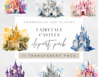 Fairytale Castles Watercolor Clipart PNG, Junk Journaling, Floral Watercolor Wall Art Commercial Use, Castle Digital Instant Download