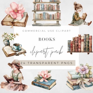 Watercolor Vintage  Books Clipart, BUNDLE, Reading, Vintage Girl, Book Shelves, Neutral, transparent png, Commercial Use