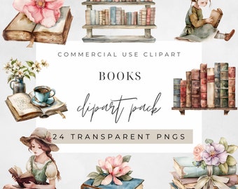 Watercolor Vintage  Books Clipart, BUNDLE, Reading, Vintage Girl, Book Shelves, Neutral, transparent png, Commercial Use
