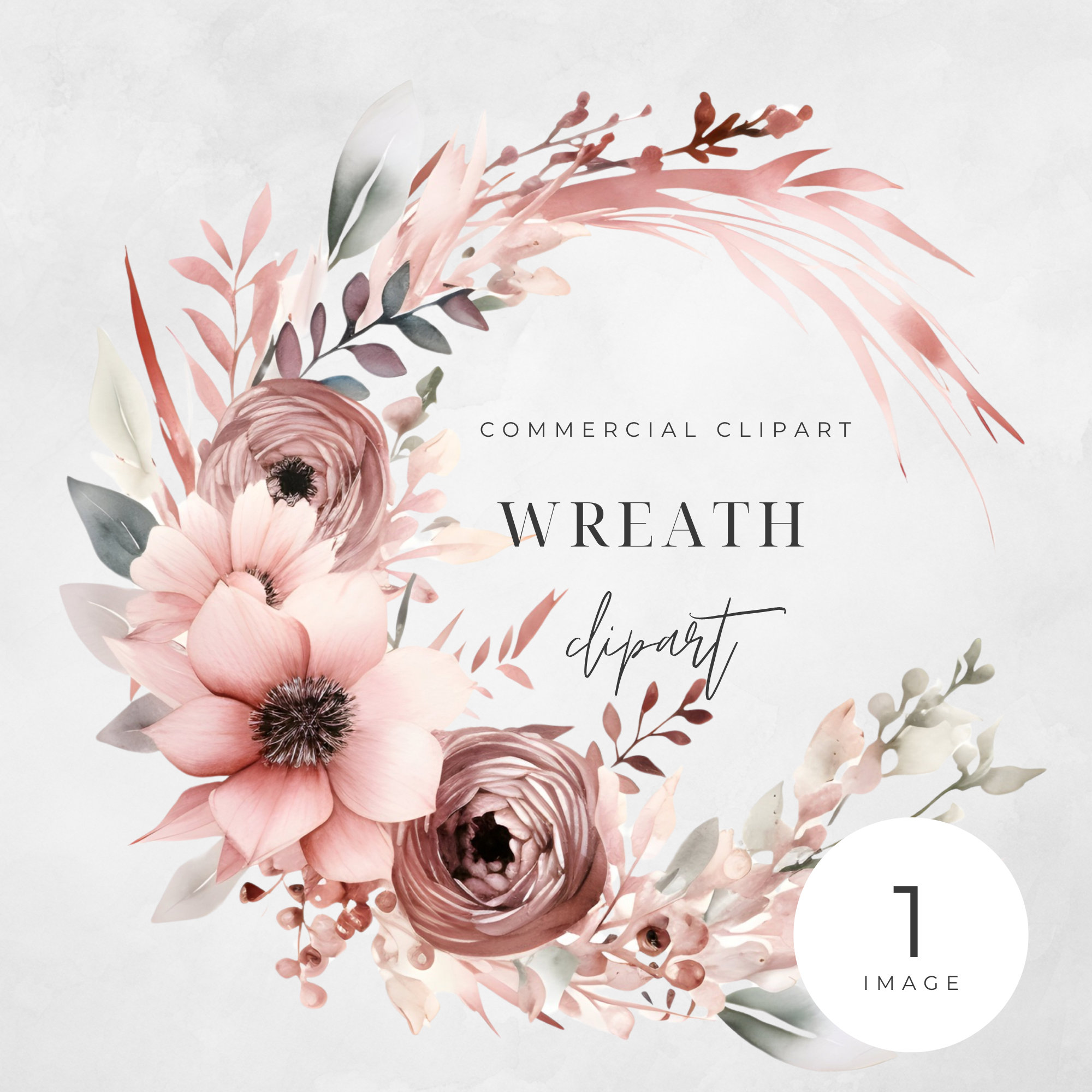 Watercolor Floral Wreath Dusty Mauve Pink Clipart, SINGLE IMAGE, Flowers, Half Wreaths, Wedding Boho, Transparent png, Commercial Use