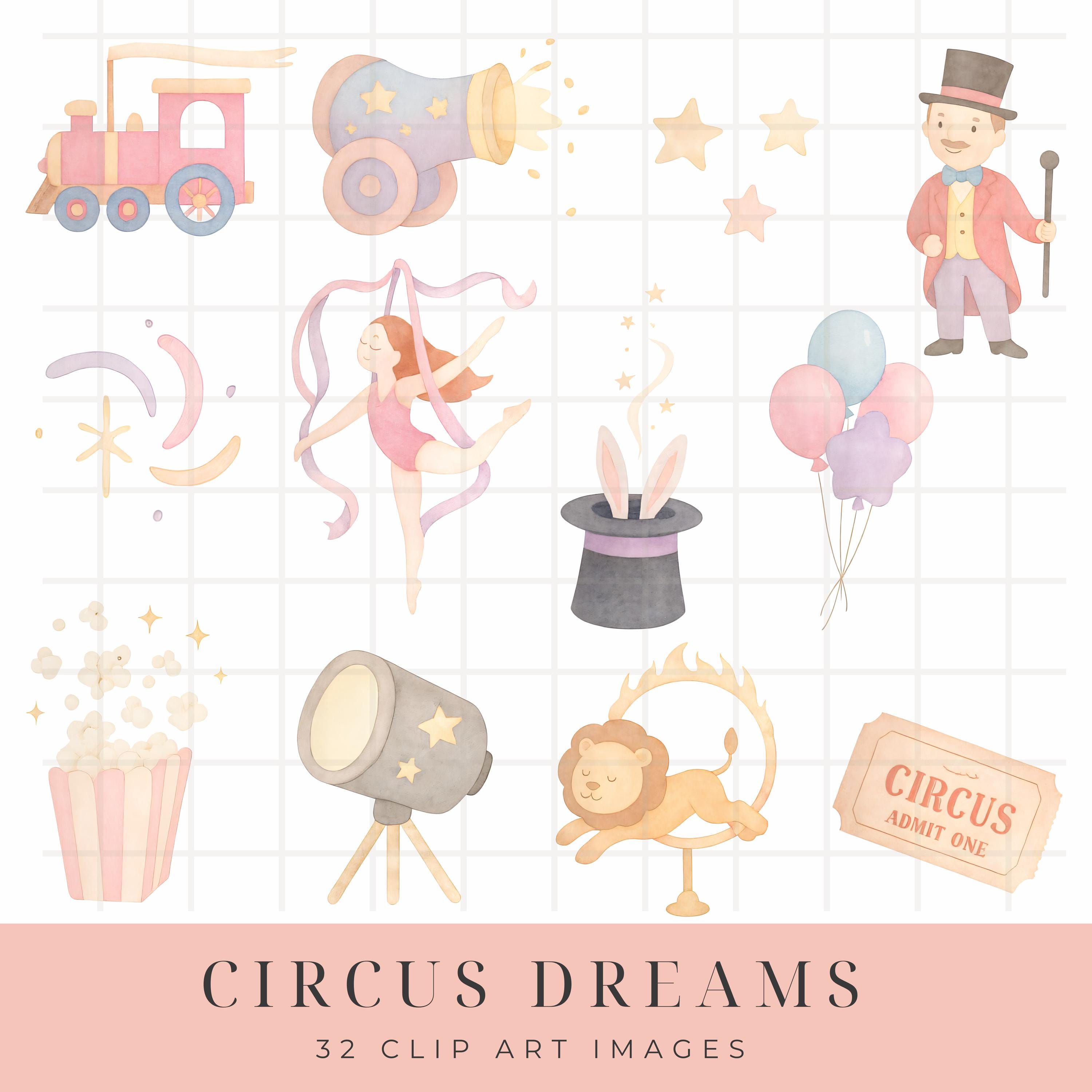 Whimsical Pastel Circus Clipart Set | Cute Watercolor Carnival Animals ...