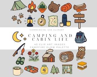 Cozy Camping & Cabin Life Clipart Pack – Bold Outlines for Stickers, Planners, Scrapbooking and Creative Projects Commercial Use