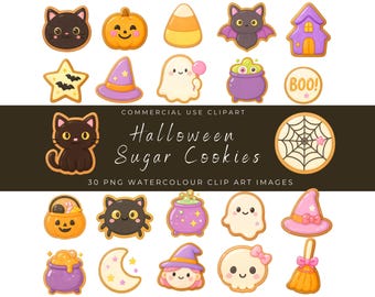 Halloween Sugar Cookies Clipart Set | Cute Pastel Ghost, Pumpkin, Cat, Witch Hat Cookie Illustrations | Cute Digital PNG