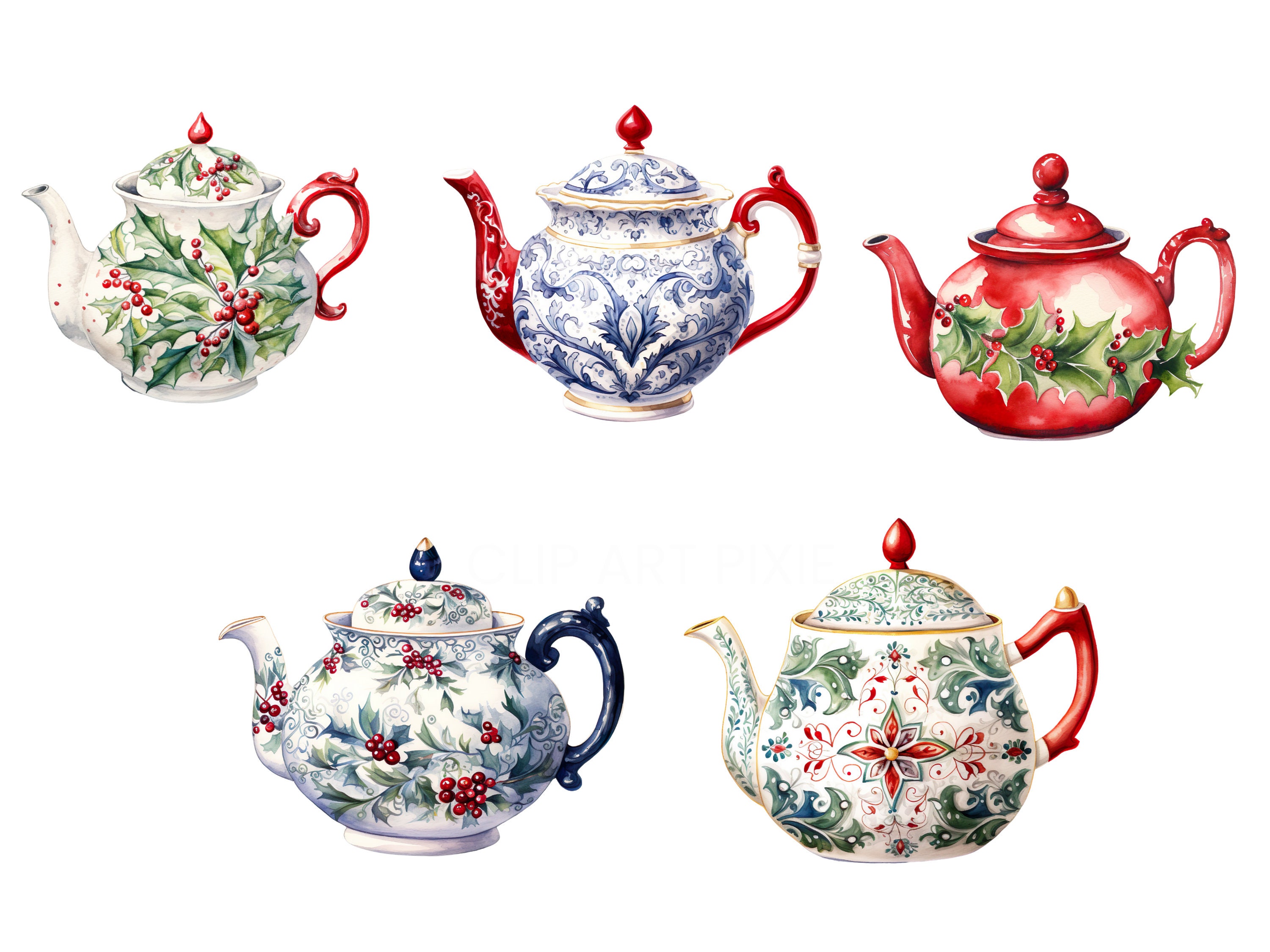 Christmas Teapots Clip Art Pack Watercolour, Clipart or Commercial Use