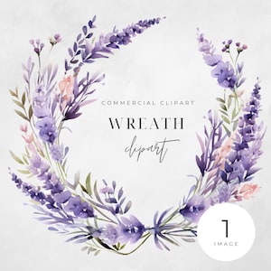 Watercolor Lavender Floral Wreath Clipart, SINGLE IMAGE, Flowers, Purple, Half Wreaths, Wedding, Transparent png, Commercial Use