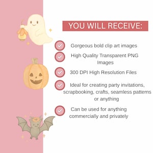 Puede incluir: Un conjunto de im&aacute;genes de clip art de Halloween con un fantasma, una calabaza y un murci&eacute;lago. Las im&aacute;genes son de estilo de dibujos animados y son perfectas para crear invitaciones de fiesta, scrapbooking, manualidades y mucho m&aacute;s.