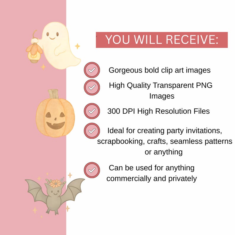 Puede incluir: Un conjunto de im&aacute;genes de clip art de Halloween con un fantasma, una calabaza y un murci&eacute;lago. Las im&aacute;genes son de estilo de dibujos animados y son perfectas para crear invitaciones de fiesta, scrapbooking, manualidades y mucho m&aacute;s.