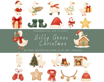 Christmas Silly Goose Clipart | Watercolor Goose Santa Reindeer Angel Elf Holiday Illustrations | Cute Cozy Winter Digital Download