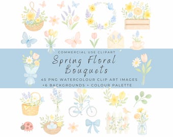 Imágenes prediseñadas de ramos florales de primavera: flores de acuarela, flores suaves pintadas a mano, imágenes PNG de jardines primaverales para manualidades, bodas e invitaciones.