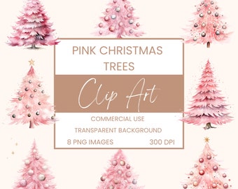 Pink Christmas Trees Clip Art Pack Watercolour, Clipart or Commercial Use, Festive Christmas Trees, wall art Watercolour PNG