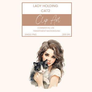 Lady Holding Cat Clip Art Pack Watercolour, Single PNG, Clipart or Commercial Use,  Cute Adorable Animals, Wall Art Watercolour PNG