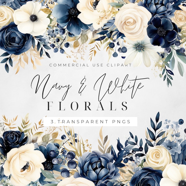 Navy Blue Bouquet Watercolor Clipart PNG, Junk Journaling, single image, Floral Watercolor Wall Art Commercial Use Digital Instant Download