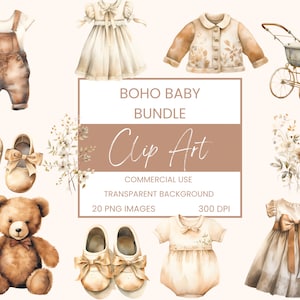 Boho Baby Clip Art Pack Aquarelle, Clipart ou utilisation commerciale, Tenues de bébé, Boho vintage, Tons neutres, Wall Art Aquarelle PNG