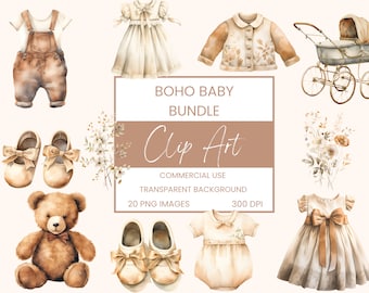 Boho Baby Clip Art Pack Watercolour, Clipart or Commercial Use, Baby Outfits, Vintage Boho, Neutral Tones, Wall Art Watercolour PNG