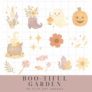 Puede incluir: Un conjunto de 38 im&aacute;genes de clip art de Halloween con una variedad de ilustraciones lindas y caprichosas. Las im&aacute;genes incluyen un fantasma, una calabaza, un caldero, una vela, una bota, una flor, caramelos, un cristal y m&aacute;s. Las im&aacute;genes son perfectas para agregar un toque de diversi&oacute;n de Halloween a tus proyectos.