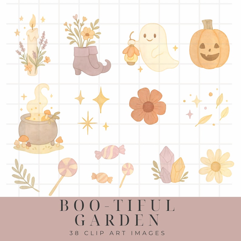 Puede incluir: Un conjunto de 38 im&aacute;genes de clip art de Halloween con una variedad de ilustraciones lindas y caprichosas. Las im&aacute;genes incluyen un fantasma, una calabaza, un caldero, una vela, una bota, una flor, caramelos, un cristal y m&aacute;s. Las im&aacute;genes son perfectas para agregar un toque de diversi&oacute;n de Halloween a tus proyectos.