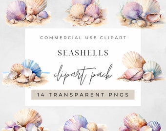 Conchas marinas en acuarela pastel, imágenes prediseñadas para uso comercial, PNG transparentes, conchas de playa en acuarela