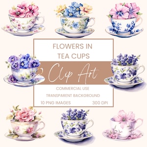 Pacchetto di clipart con fiori in tazze da tè, acquerello, clipart o uso commerciale, pacchetto, tè pomeridiano, tazza da tè in ceramica con fiori, arte murale, acquerello, PNG