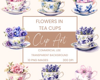 Flowers in Tea Cups Clip Art Pack Watercolour, Clipart or Commercial Use,  Bundle, High Tea, Floral Ceramic Teacup, Wall Art Watercolour PNG