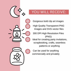 May include: A digital art graphic with a crescent moon, stars, a lantern, and a jar with a bee design. Text reads "YOU WILL RECEIVE:" followed by details about the images, including PNG and SVG files, and their uses.
