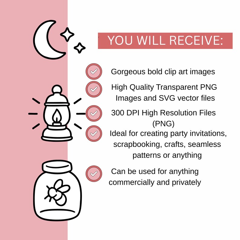 May include: A digital art graphic with a crescent moon, stars, a lantern, and a jar with a bee design. Text reads "YOU WILL RECEIVE:" followed by details about the images, including PNG and SVG files, and their uses.