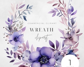 Watercolor Violet Floral Wreath Clipart, SINGLE IMAGE, Flowers, Half Wreaths, Wedding Minimalist, Leaves, Transparent png, Commercial Use