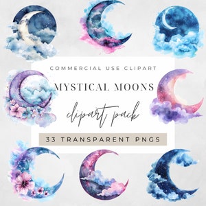 Watercolor Mystical Moons Clipart, BUNDLE, Moon, Half Moon, Clouds, Flowers, transparent png, Commercial Use