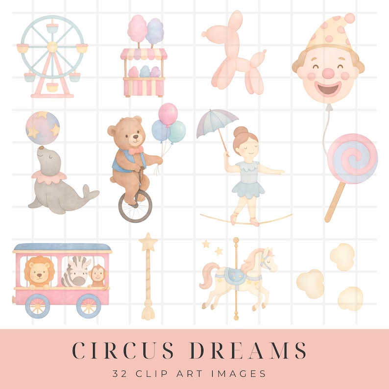 Whimsical Pastel Circus Clipart Set | Cute Watercolor Carnival Animals ...