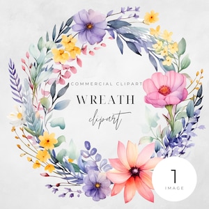 Watercolor Floral Wreath Clipart, Bright Summer Floral, SINGLE IMAGE, Flowers, Half Wreaths, Wedding Boho, Transparent png, Commercial Use