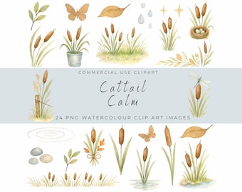 Watercolor Cattail Clipart Set – Rustic Pondside Reeds, Wetland Botanicals, Marsh Grass, Nature Elements for Invitations & Decor