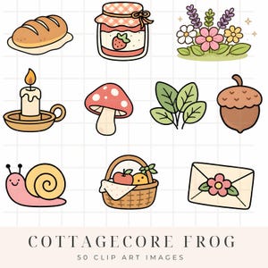 May include: A collection of cottagecore-themed clip art images. Includes a loaf of bread, a jar of strawberry jam, flowers, a candle, a mushroom, leaves, an acorn, a snail, a basket of fruit, and an envelope. The text "COTTAGECORE FROG" is at the bottom.